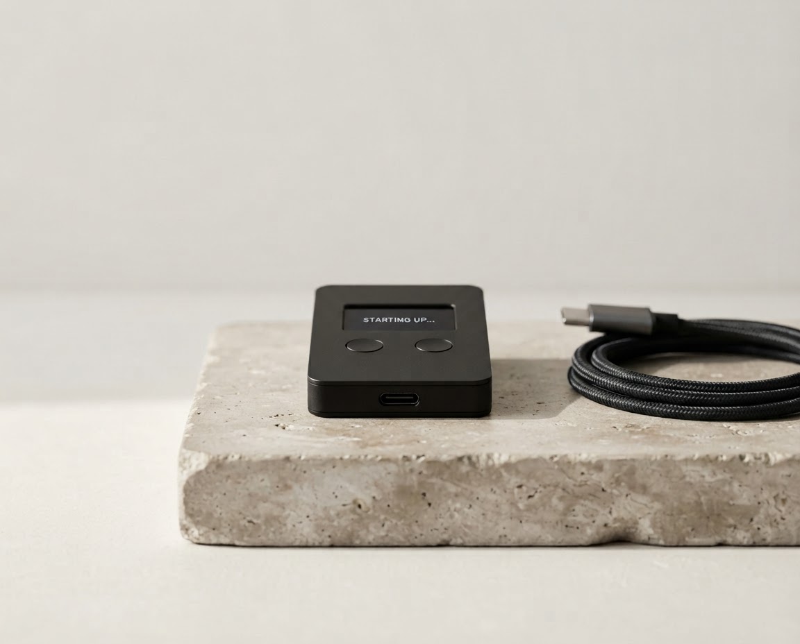 A sleek black hardware wallet resting on a neutral stone surface