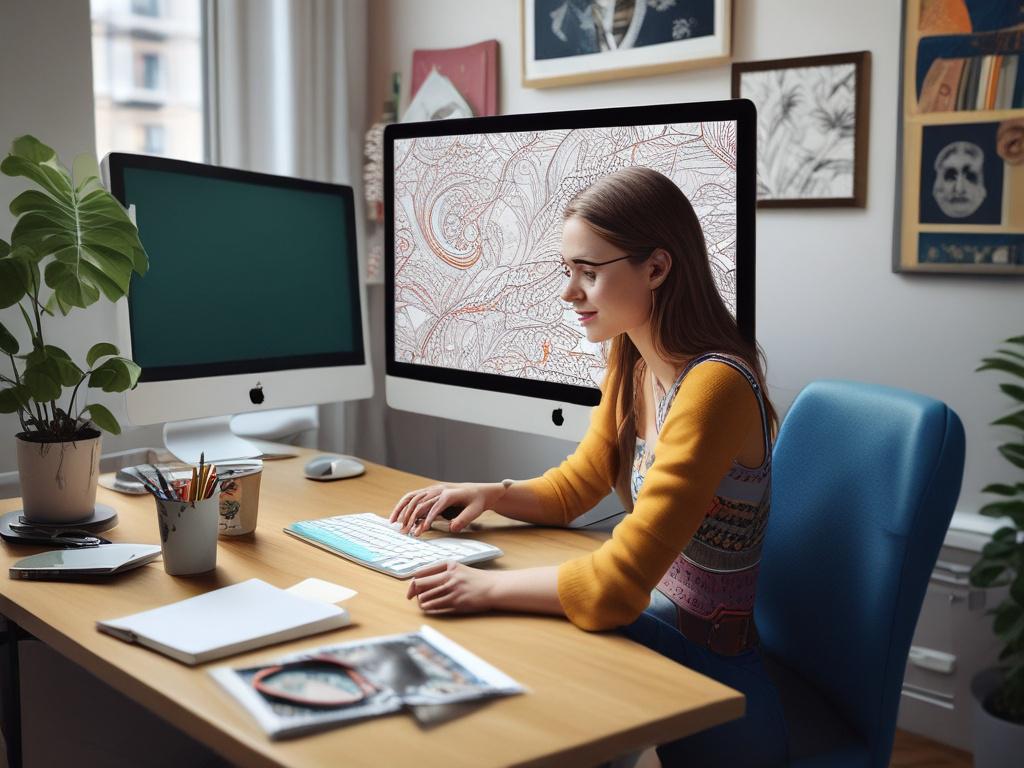 A designer working on a computer, focused on creating a