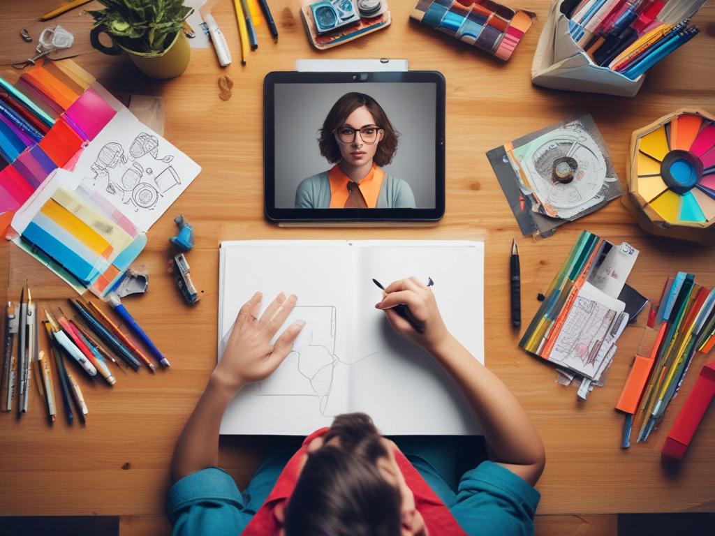 A designer sketching on a tablet, surrounded by vibrant color