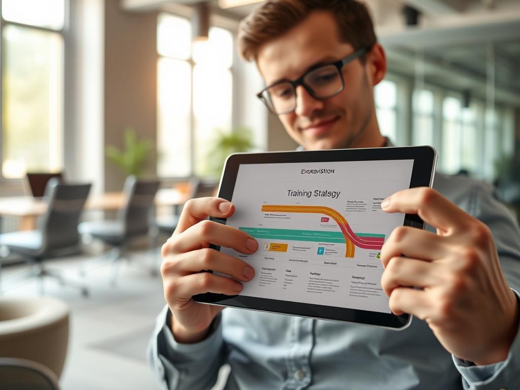 A close-up shot of a business consultant reviewing a training roadmap on a digital tablet, with a focus on the tablet's screen displaying a colorful and detailed training strategy. The scene is set in a modern office environment with soft natural lighting, and a blurred background featuring a large window and contemporary office furniture. The image captures a sense of professionalism and innovation, emphasizing the importance of strategic planning in training.