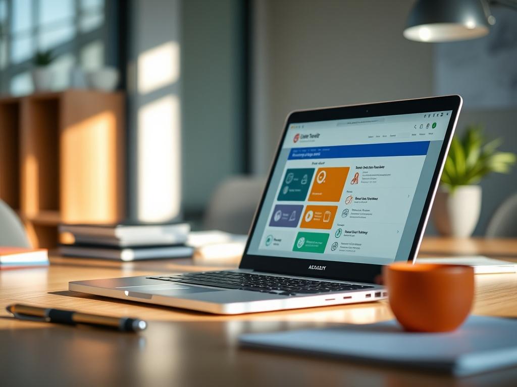 A focused close-up shot of a professional workspace with a single open laptop displaying a colorful Performance Support Toolkit on the screen. The background is softly blurred, creating a clean and modern atmosphere. The image should capture the essence of ongoing learning and support, with natural light illuminating the workspace to enhance the sense of productivity and engagement.