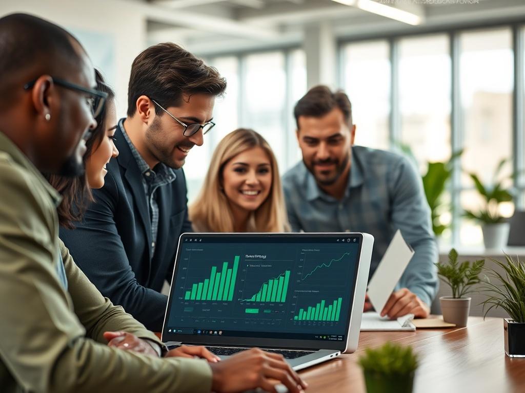 A focused close-up shot of a professional team meeting in a modern office setting, showcasing diverse individuals engaged in a discussion over training metrics displayed on a laptop. The background should be softly blurred to emphasize the interaction, and the lighting should be bright and inviting, creating a productive atmosphere. The primary color theme should incorporate rich greens to reflect growth and development.