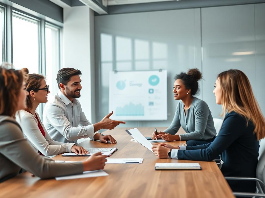 A high-resolution image of a diverse group of professionals engaged in a collaborative meeting, discussing change management strategies. The focus should be on one individual presenting a visual aid, while others listen attentively, taking notes. The setting is a modern conference room with a large table and bright natural light coming through windows. The composition is simple, highlighting the interaction and engagement among team members, evoking a sense of teamwork and focus on organizational change.