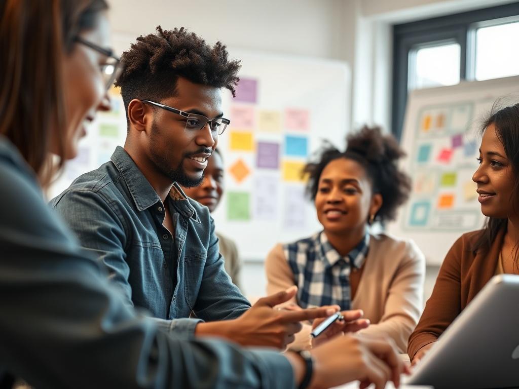 A close-up shot of a diverse group of people engaged in a collaborative learning environment. The image should focus on individuals from various ethnic backgrounds, showing them actively participating in a workshop. The setting is bright and inviting, with a large window letting in natural light. The background features a whiteboard with colorful notes and diagrams, emphasizing a dynamic learning atmosphere. The photo should be shot with a 45mm f/1.2 lens to create a soft blur in the background, highlightin