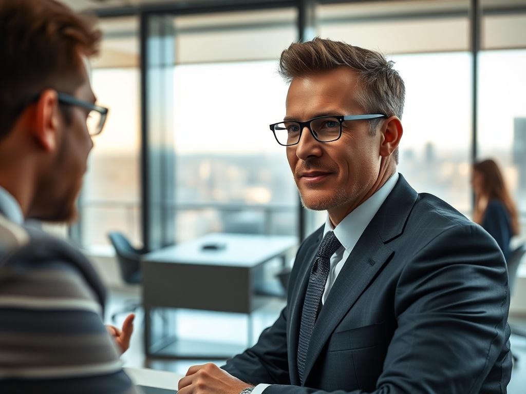 A close-up shot of a confident business executive in a modern office setting, engaged in a discussion with a team. The background shows a sleek conference room with a large window revealing a cityscape. The executive is wearing a professional suit, demonstrating leadership and authority. The lighting is bright and inviting, emphasizing the executive's focus and engagement. The image should reflect a sense of empowerment and strategic thinking, with a color palette that includes the rgb(50, 170, 39) primary 