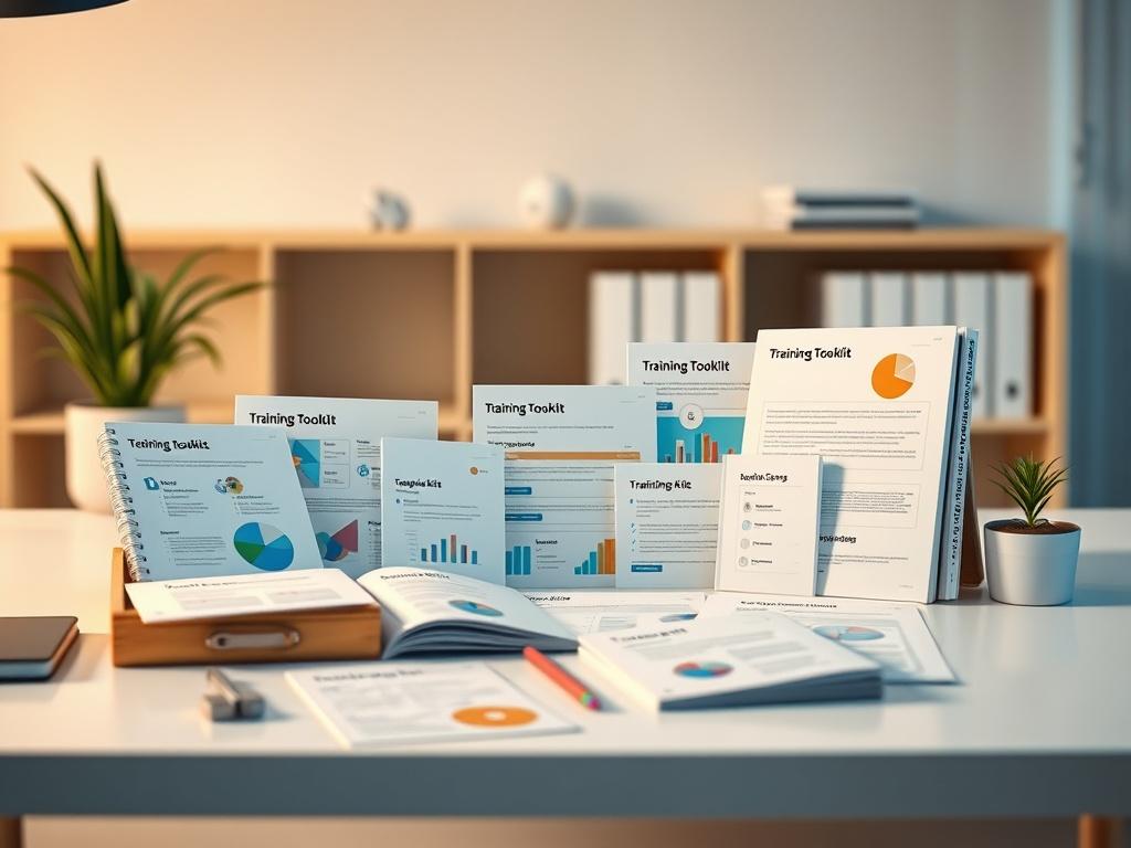A close-up shot of a modern training toolkit displayed on a clean, minimalistic desk. The toolkit should include various learning materials such as playbooks, templates, and modular kits, all neatly arranged. The background should be softly blurred to emphasize the toolkit, with a color palette that reflects a professional and innovative atmosphere. The image should be rendered in high resolution, showcasing intricate details of the toolkit, with an overall inviting and engaging composition.