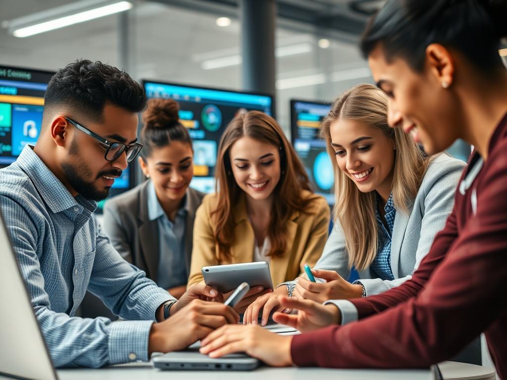 A close-up shot of a diverse group of professionals engaged in a technology training session. The scene shows individuals actively participating in a hands-on learning environment with digital devices in front of them, demonstrating collaboration and engagement. The background features modern technology elements, such as screens displaying software interfaces and interactive tools. The lighting is bright and inviting, conveying a sense of professionalism and innovation.