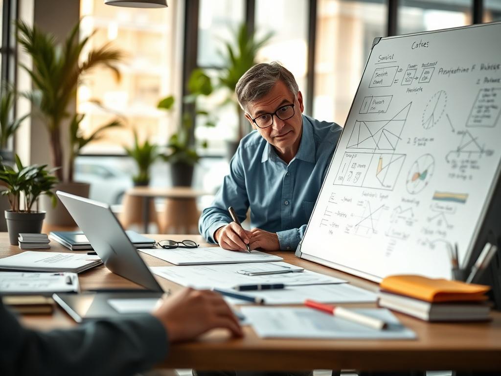 A focused shot of a consultant engaged in a brainstorming