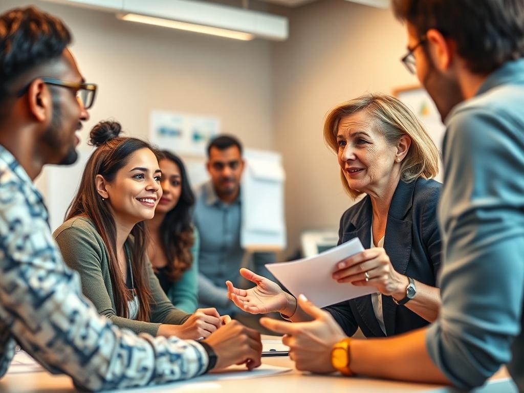 A close-up shot of a confident trainer engaging with a diverse group of learners in a modern training environment. The trainer, a middle-aged woman, is using visual aids while facilitating a discussion. The background features a bright, well-organized training room with a whiteboard and interactive learning materials. The lighting is warm and inviting, emphasizing the interaction and engagement among the participants.