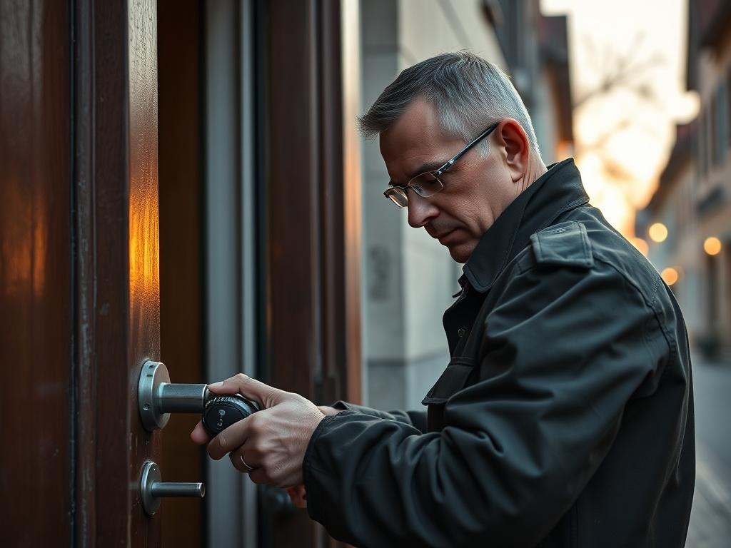 **Prompt for AI Image Generation:**

Create a realistic high-resolution photo that captures the essence of 24/7 emergency locksmith services. The image should feature a skilled locksmith, a middle-aged individual, in uniform working diligently on a residential door lock. The locksmith should be depicted in a focused, professional manner, using specialized tools to assist a customer in distress. 

In the background, subtly include elements of a typical Memmingen street, featuring traditional German architect