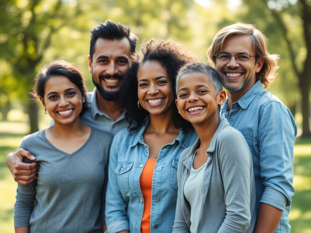 A realistic high-resolution close-up shot of a confident, diverse family smiling together in a bright, sunny outdoor setting. The background should be a lush green park, emphasizing happiness and security, with soft sunlight filtering through the trees. The focus should be on the family, showcasing their unity and joy, with a shallow depth of field to create a warm, inviting atmosphere.