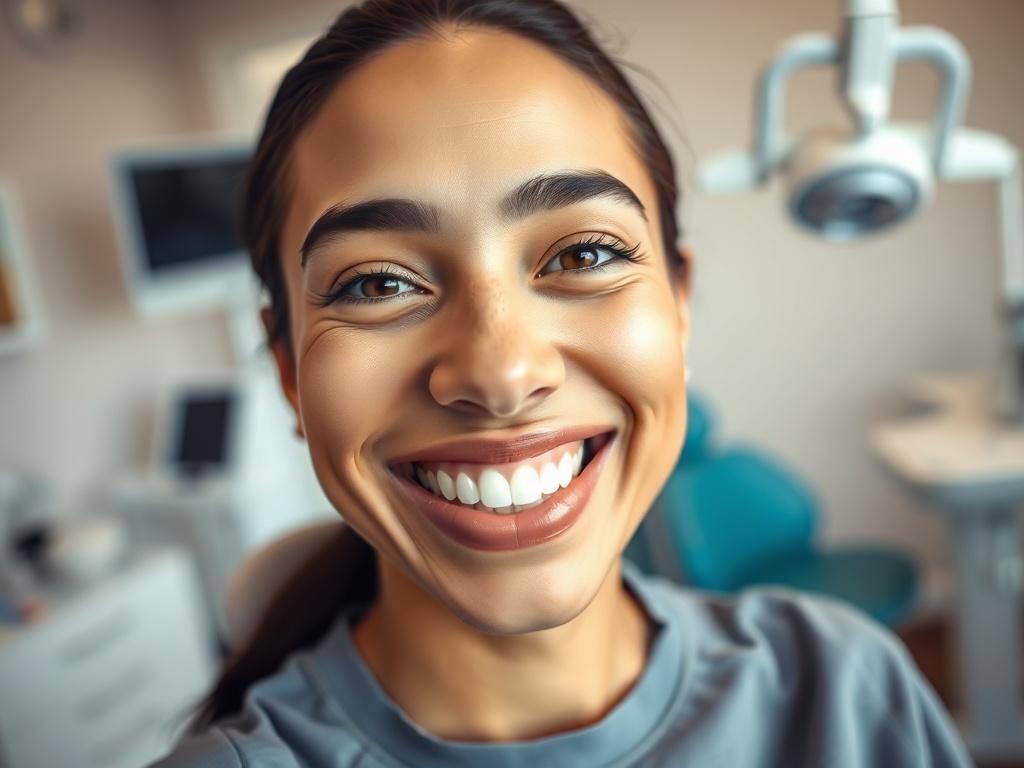 A close-up shot of a smiling patient in a modern dental office, showcasing a bright and clean environment. The patient has a relaxed expression, highlighting their healthy, white teeth. The background features dental equipment and soothing colors, focusing on the warmth and professionalism of the dental care experience. The image should evoke a sense of trust and comfort, shot with a 45mm f/1.2 lens style.