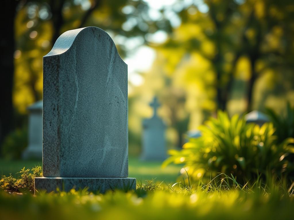 A close-up shot of a serene cemetery scene with a single, elegant gravestone surrounded by lush greenery. The background features a soft focus of trees, creating a peaceful and respectful atmosphere. The lighting is warm and inviting, emphasizing the tranquility of the setting. The image should convey a sense of calm and assurance, representing final expense insurance and its importance.