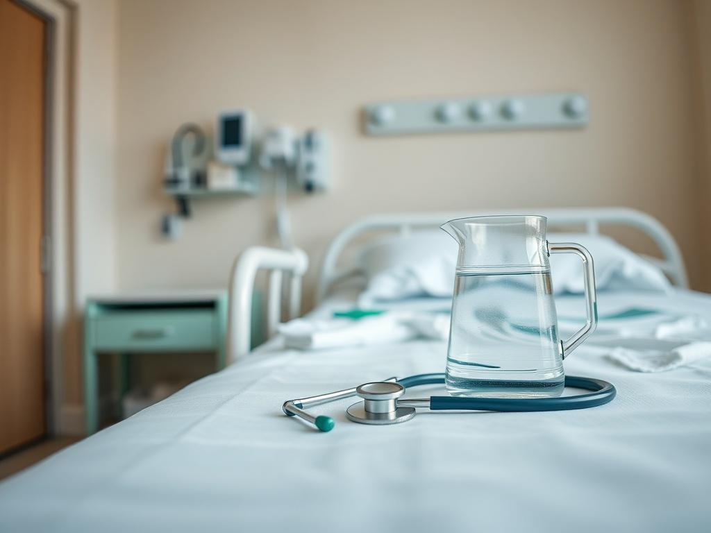 A close-up shot of a hospital room with a hospital bed, soft lighting creating a calming atmosphere. The image focuses on the bedside table with essential medical items, such as a stethoscope and a water pitcher, emphasizing care and comfort. The color palette should include shades of green to reflect the primary color rgb(50, 170, 39). The composition is simple and clear, highlighting the importance of being prepared for hospital visits.