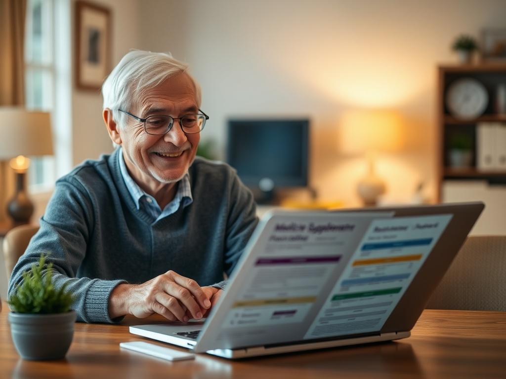 A close-up shot of a smiling older adult reviewing Medicare supplement plan options at a table, with a laptop open showing health insurance plans. The background is a softly blurred home office setting with warm lighting, creating a welcoming and secure atmosphere.