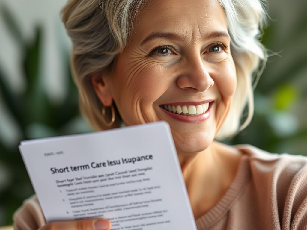 A close-up shot of a confident, middle-aged woman smiling and holding a document, representing short-term care insurance options. The background is soft and blurred, with a hint of greenery to convey a sense of tranquility and support. The image should be bright and inviting, capturing the essence of care and reassurance in a personal setting.