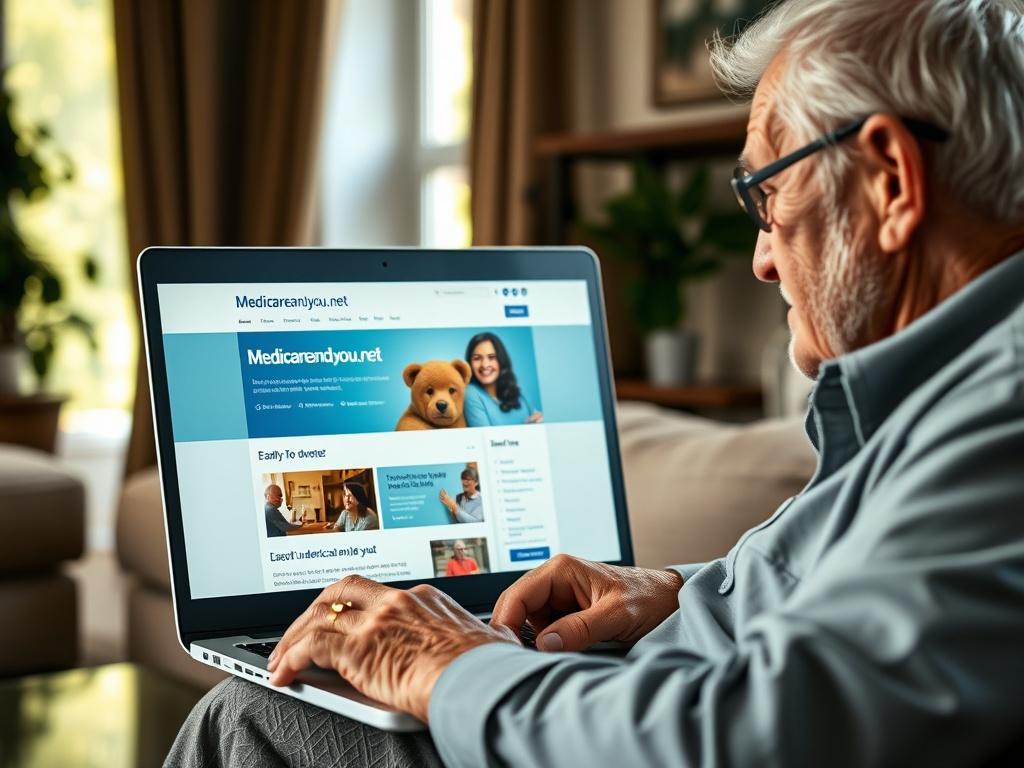 A close-up shot of a confident older adult browsing a website on a laptop, showcasing the Medicareandyou.net homepage. The background features a warm, inviting living room with natural light streaming in. The image should highlight the laptop screen displaying a clear and user-friendly interface of the Medicareandyou.net site. Focus on the adult's engaged expression, emphasizing ease of use and accessibility of information.