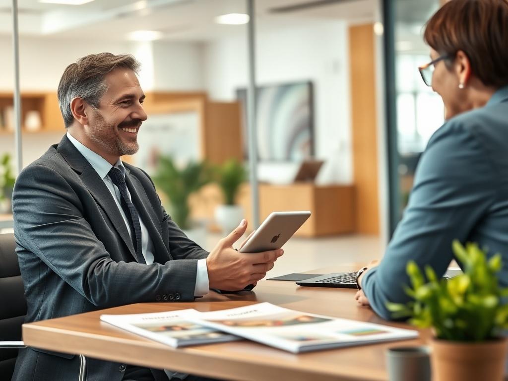 A professional insurance advisor sitting at a modern desk, engaging