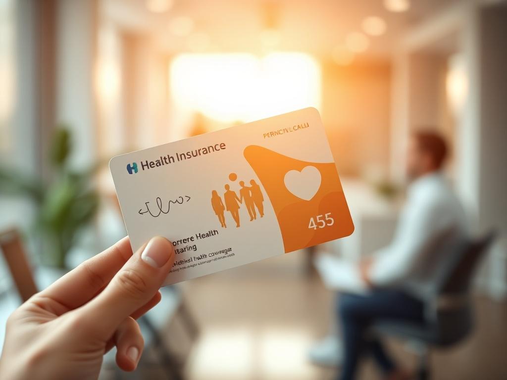A close-up shot of a health insurance card being held by a person in a professional setting, with a soft-focus background of a bright office space. The card should clearly show elements like medical symbols and a family silhouette, symbolizing comprehensive health coverage. The lighting should be warm and inviting, highlighting the importance of health insurance. The photo should be rendered in high-resolution with a shallow depth of field, emphasizing the card as the main subject.