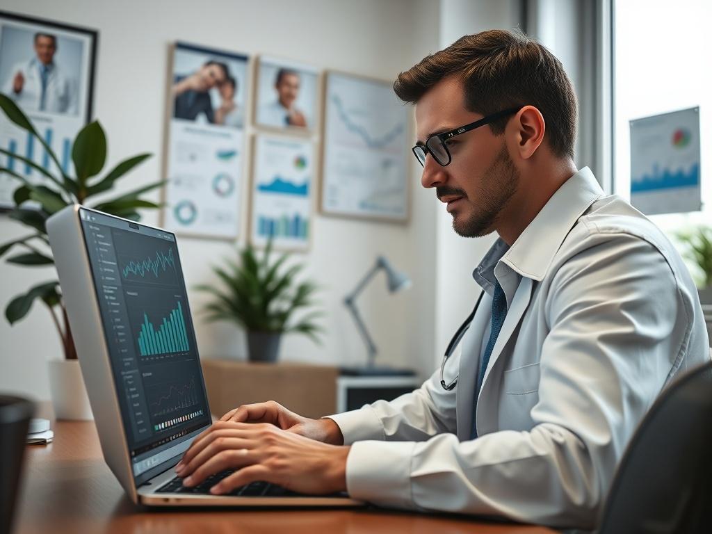 A close-up shot of a healthcare marketing professional analyzing data on a laptop inside a well-lit office. The subject is focused, with charts and graphs visible on the screen. The background features medical posters and a plant, creating a professional yet inviting atmosphere. The image should evoke a sense of innovation and dedication in healthcare marketing, shot with a 45mm f/1.2 lens.