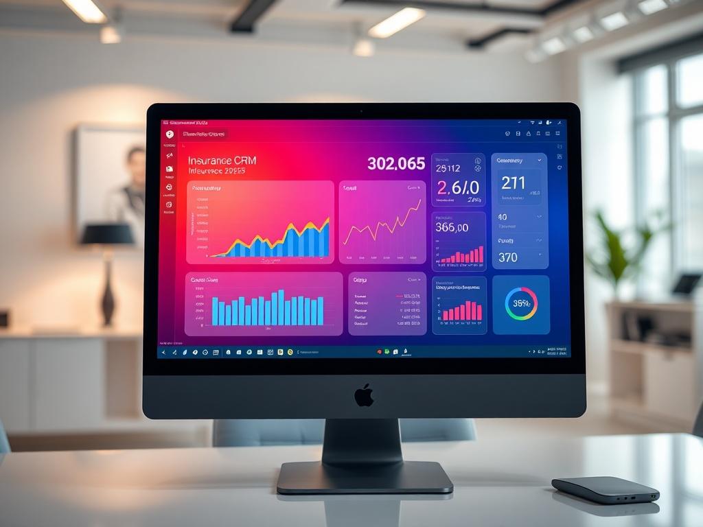A close-up shot of a sleek, modern computer screen displaying an insurance CRM software interface. The background should be a clean, minimalistic office space with soft lighting that highlights the screen. The focus should be on the screen's vibrant interface, showcasing graphs and client information, emphasizing productivity and professionalism.