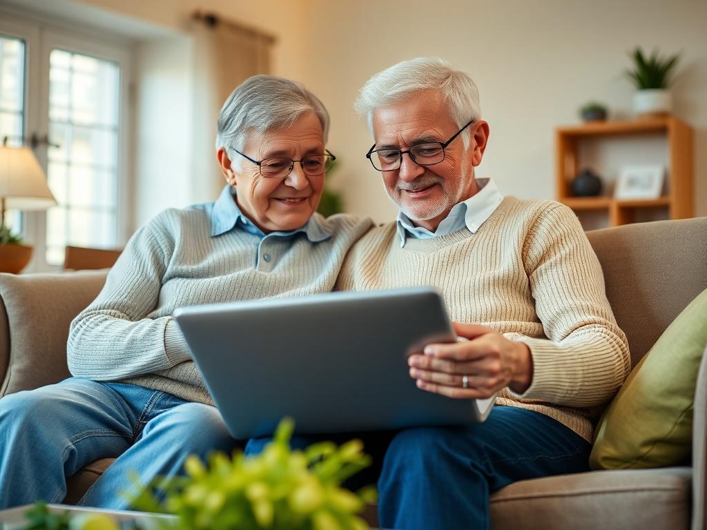 A hyper-realistic close-up shot of a senior couple sitting together on a comfortable sofa, reviewing their Medicare insurance options with a laptop open in front of them. The couple appears engaged and happy, conveying a sense of security and trust. The background features a warm, inviting living room with soft lighting, emphasizing a comfortable atmosphere. The primary color of the scene is complemented by accents of green, reflecting the rgb(50, 170, 39) color scheme.