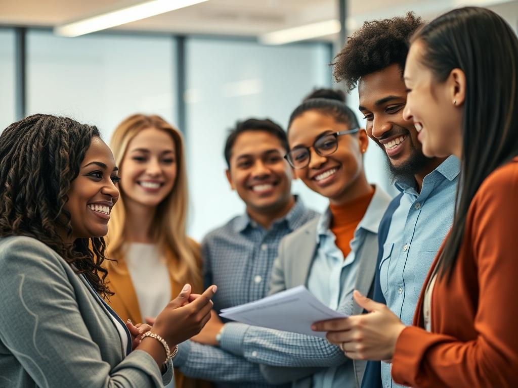 A close-up shot of a professional-looking group of diverse employees smiling and discussing health insurance options in an office setting. The background should be softly blurred to emphasize the group. The lighting should be warm and inviting to create a friendly atmosphere. The colors should harmonize with the primary color rgb(50, 170, 39) to reflect the brand identity.