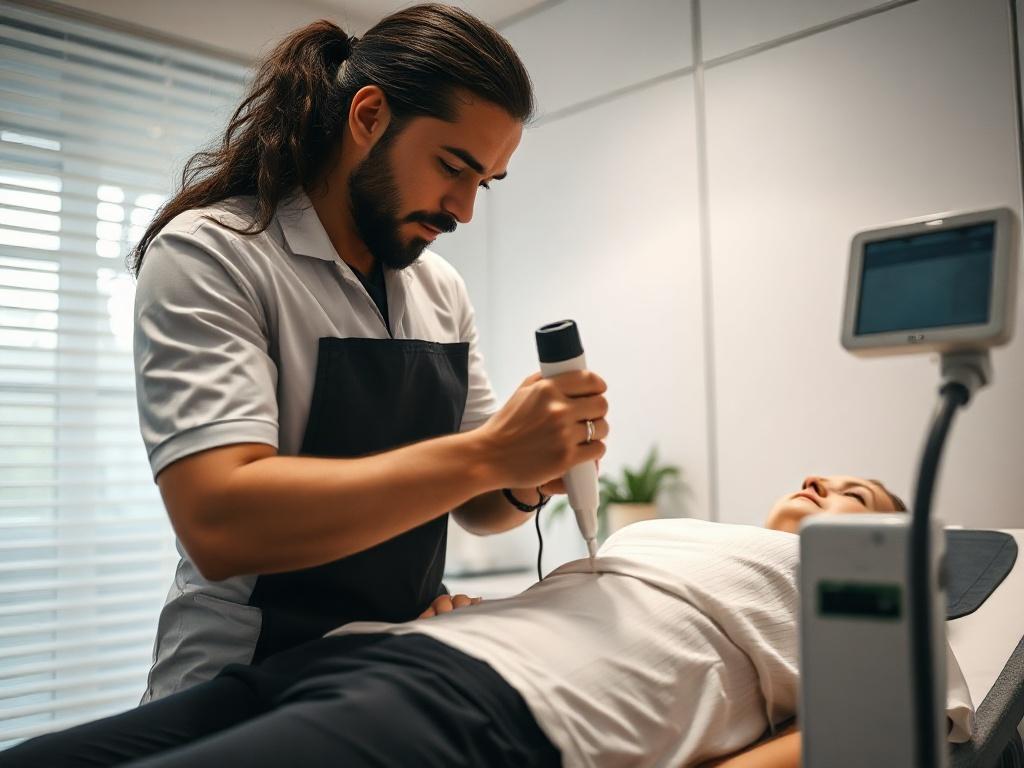A dynamic shot of a therapist administering shockwave therapy to a patient's lower back in a well-lit clinic. The therapist focuses intently while the patient appears relaxed, representing trust and comfort. The equipment is modern and sleek, contributing to the professional atmosphere. The primary color of the image should have elements of rgb(50, 170, 39).