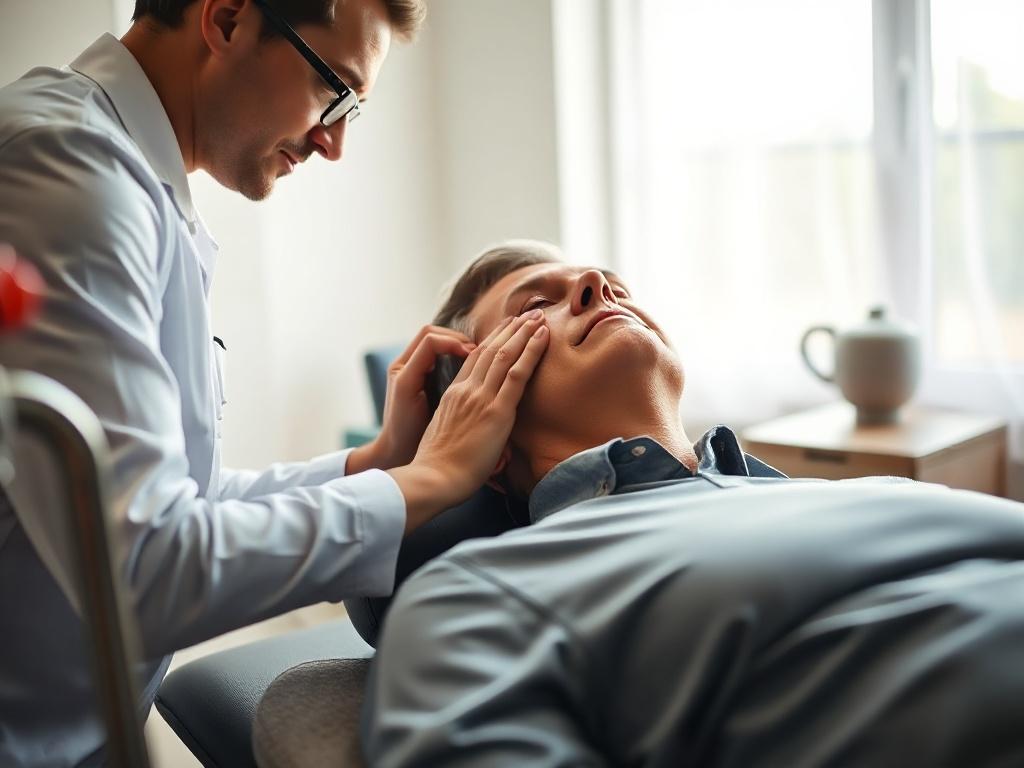A close-up image of a patient receiving cervical decompression therapy in a serene clinic environment. The practitioner is adjusting the equipment while the patient appears relaxed and comfortable. Soft, natural light filters through the room, enhancing the peaceful atmosphere. The primary color of the image should have elements of rgb(50, 170, 39).