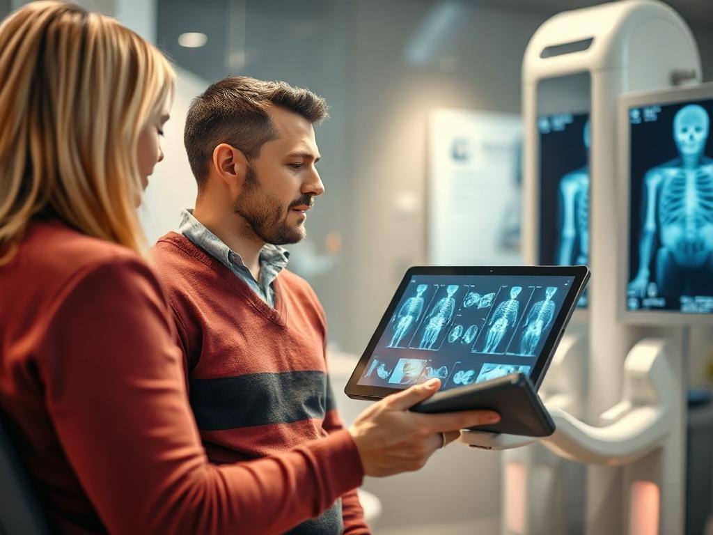 A close-up shot of a patient discussing with a chiropractor in a modern clinic setting, showcasing a digital x-ray machine in the background. The chiropractor is holding a tablet with x-ray images, while the patient looks engaged and curious. The lighting is bright and inviting, capturing the warmth of the clinic. The primary color of the image should have elements of rgb(50, 170, 39).