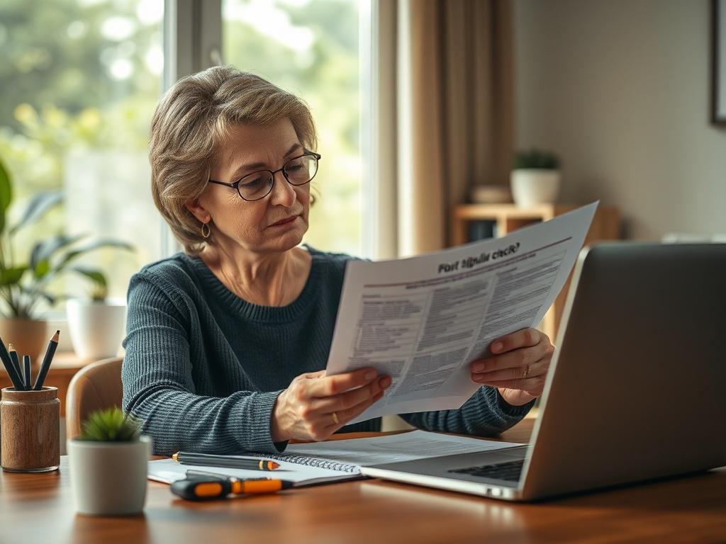 Create a realistic high-resolution photo that visually represents a person deeply engaged in studying an official document regarding the fourth stimulus check eligibility. The composition should focus on a single subject—a middle-aged woman, with a thoughtful expression, sitting at a well-lit wooden desk. She should be surrounded by office supplies such as a notepad, a pen, and a laptop, which adds context to her research.

The background should be a softly blurred home office setting, featuring light-color