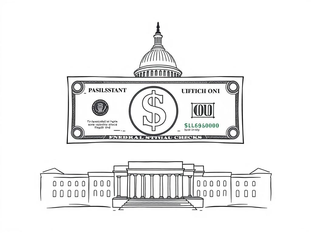 Create a high-quality illustration representing the concept of "Federal Stimulus Check." The image should feature a single subject: a large, realistic representation of a dollar bill prominently centered in the frame, symbolizing the financial support provided through stimulus checks. Surround the dollar bill with subtle, stylized elements that imply government involvement, such as a faint outline of the U.S. Capitol building in the background, drawn in a minimalist, clean style. Use a solid white backgroun