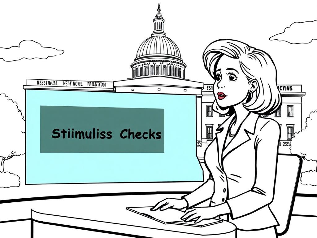 An illustration depicting a news reporter presenting updates on stimulus checks, with a background of a legislative building.