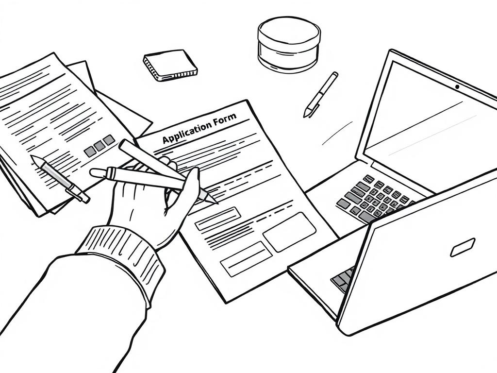 A person filling out an application form with a pen, surrounded by supportive documents and a laptop, illustrating a clear and organized workspace.