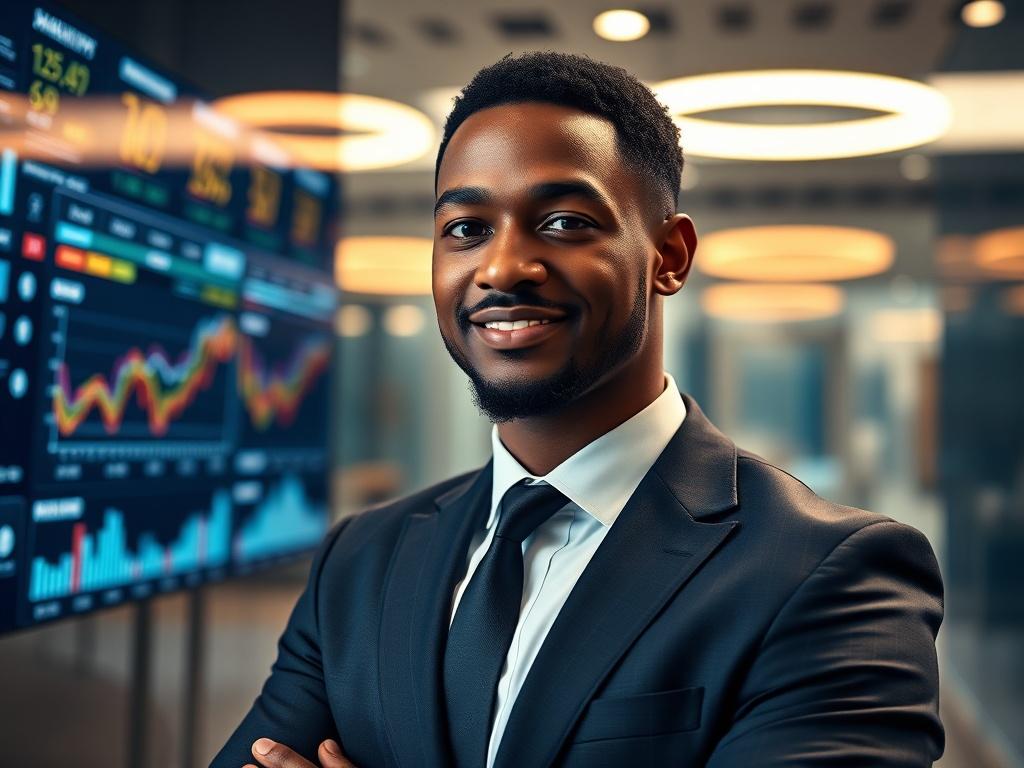 A close-up shot of a confident business leader, Tavarus Roy, standing in a sleek, modern office environment. The background features high-tech digital displays showcasing financial data and AI analytics. The lighting is soft and warm, emphasizing a professional and innovative atmosphere. Tavarus is dressed in a sharp suit, exuding authority and approachability, with a slight smile that conveys trust and expertise. The overall color scheme aligns with a dark theme accented by white and gold tones.