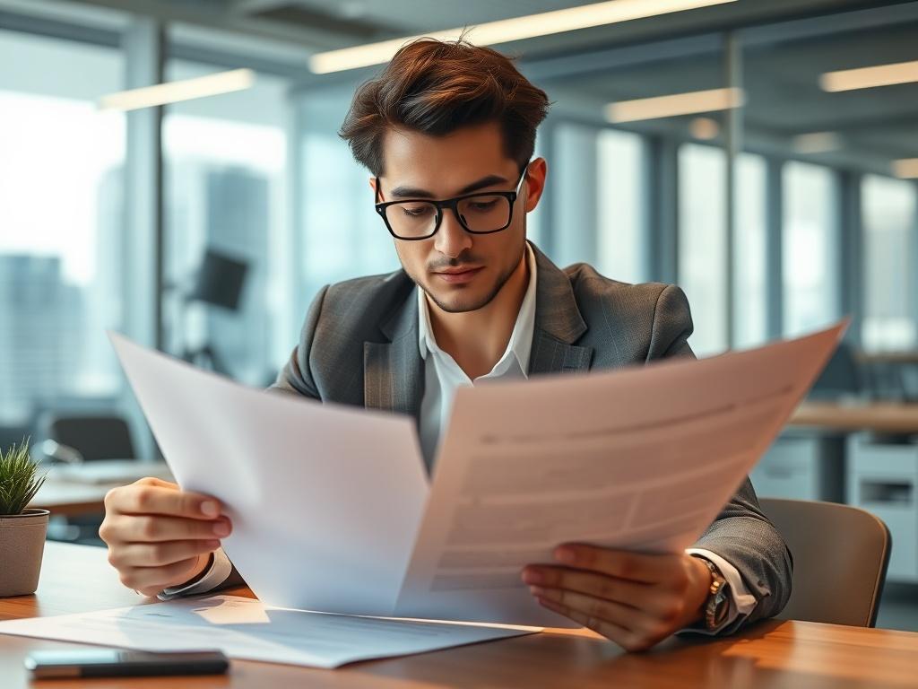 A focused shot of a confident business professional reviewing government contracting documents in a modern office setting. The background should feature a sleek desk with a laptop and paperwork, emphasizing professionalism in the government contracting arena.