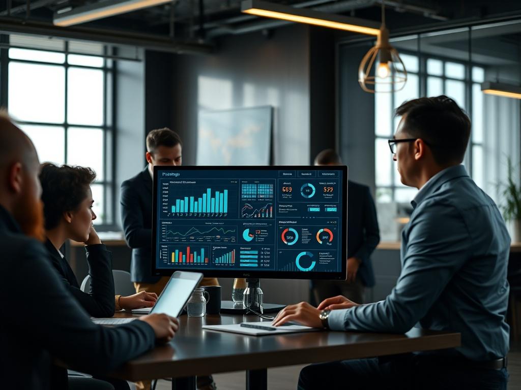 A close-up shot of a modern office environment, showcasing a diverse team of professionals engaged in a brainstorming session. The focus is on a digital screen displaying financial analytics and investment data. The background features contemporary office decor with a dark theme, accented by warm gold tones, emphasizing innovation and collaboration.