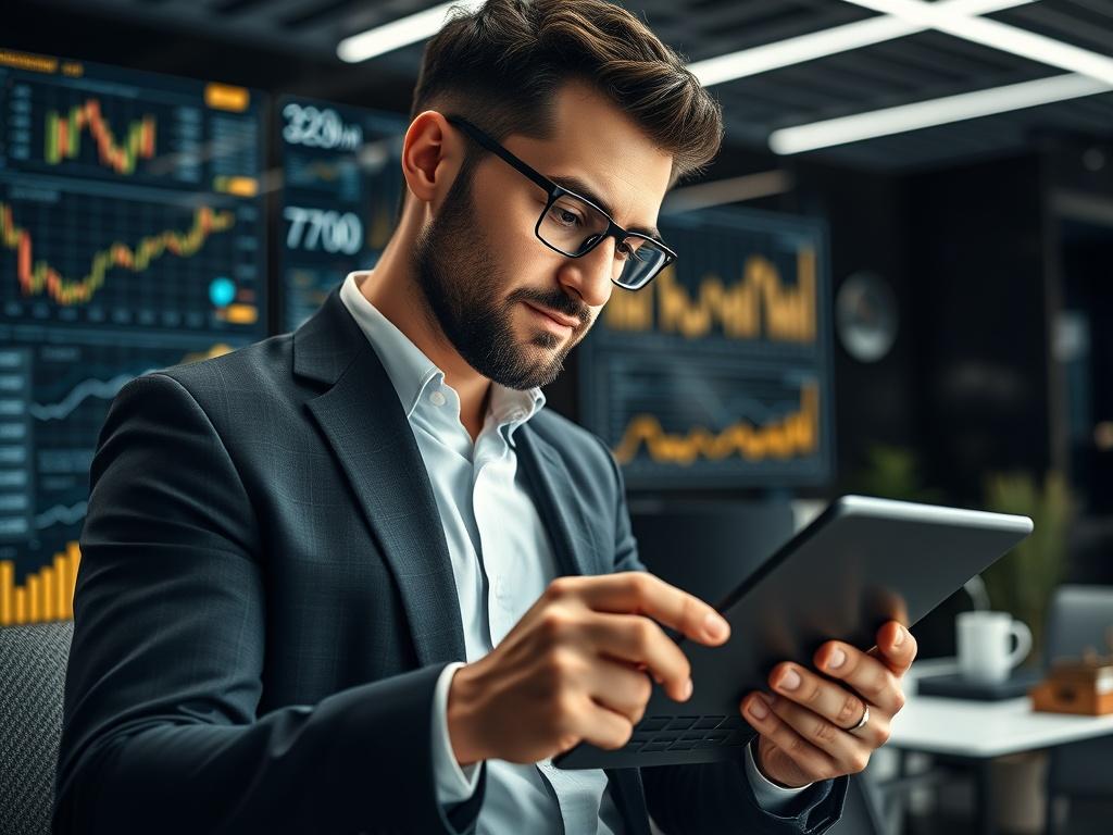 A hyper-realistic close-up shot of a confident business professional analyzing data on a tablet, surrounded by modern financial technology elements like charts and graphs. The background should be a sleek office environment with a dark theme, incorporating gold and white accents to reflect a corporate aesthetic. Shot with a 45mm f/1.2 lens for depth of field.