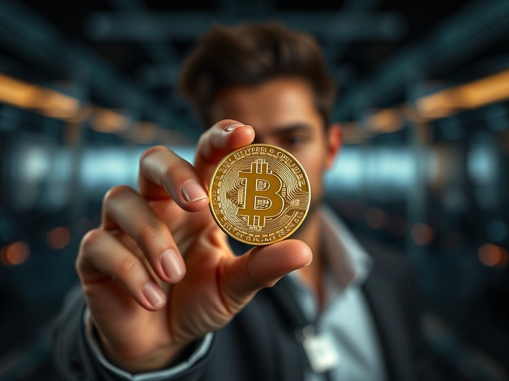 A close-up shot of a person confidently holding a Bitcoin in their hand, with a sleek, dark-themed background that emphasizes modern technology and financial empowerment. The focus is on the Bitcoin, with the person's hand slightly blurred, shot with a 45mm f/1.2 lens to create a shallow depth of field.