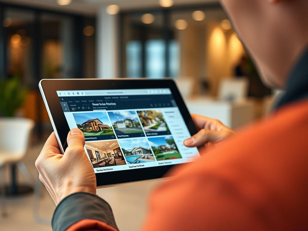 A hyper-realistic close-up of a person examining real estate listings on a tablet, with vibrant images of properties displayed. The background indicates a modern office space, emphasizing professionalism and technology in real estate.