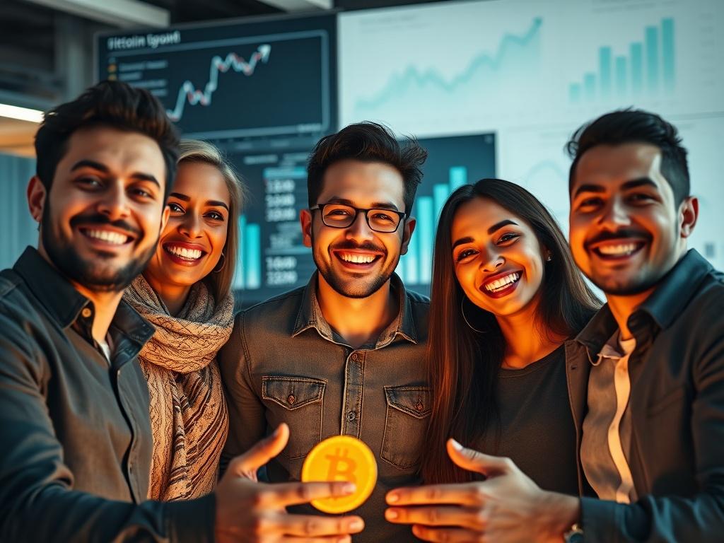 A close-up shot of a satisfied tech startup team celebrating their Bitcoin investment success, with charts and graphs showing growth in the background. The team is diverse, showcasing collaboration and excitement in a modern office environment, illuminated with soft lighting that highlights their expressions of joy.