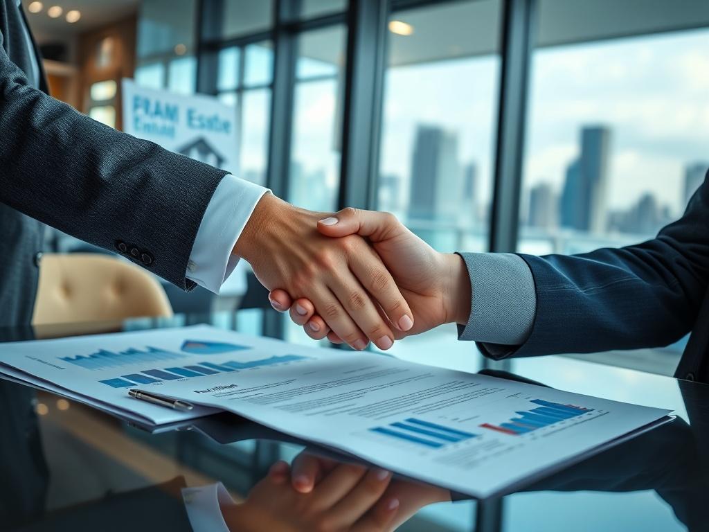 A close-up shot of a successful real estate negotiation, with a client and agent shaking hands over a property agreement. The background features a modern office with real estate charts and the city skyline visible through the window, symbolizing opportunity and success.