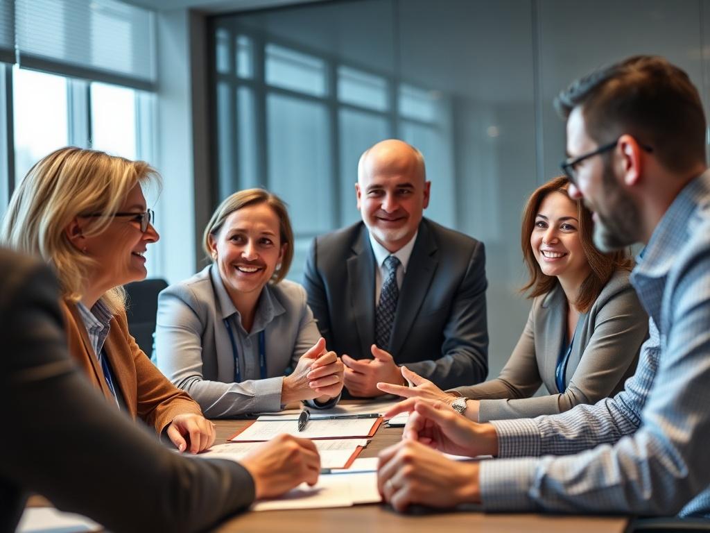 A close-up shot of a government agency team discussing their improved contracting process with satisfaction. The setting is a well-lit conference room, featuring a presentation on operational improvements, symbolizing efficiency and collaboration.