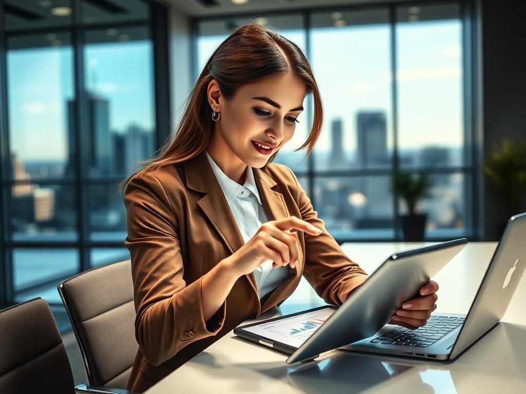 A realistic high-resolution photo of a confident businesswoman analyzing financial charts on a tablet in a modern office. The background features a sleek desk with a laptop and a large window showing a cityscape. The lighting is bright and professional, emphasizing the subject's focused expression. The color scheme includes accents of gold and white against a dark theme, creating a corporate atmosphere.