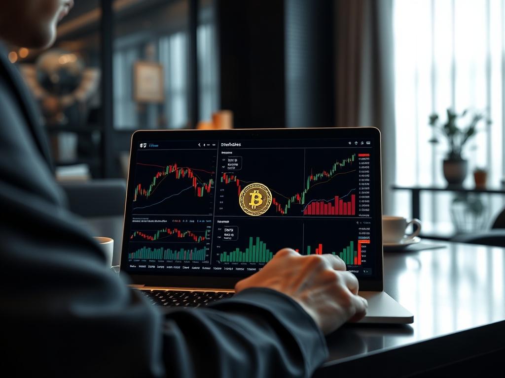 A close-up shot of a professional financial analyst analyzing Bitcoin charts on a laptop, with graphs and data displayed on the screen, sleek dark-themed office background, soft white and gold accents in the decor, capturing a sense of innovation and expertise.