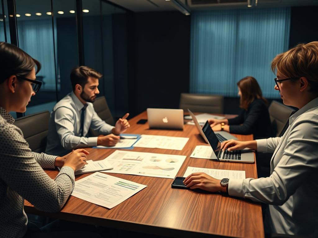 A close-up shot of a team collaborating over a government contract proposal on a conference table, with documents and laptops open, in a modern office environment with a dark theme and subtle white and gold accents, conveying teamwork and professionalism.