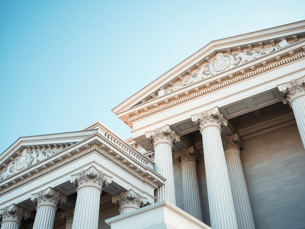 A high-resolution image of a government building with a clear blue sky in the background, emphasizing professionalism and authority. The focus should be on the architectural details of the building, representing stability and trust. The image captures the essence of the government contracting sector, showcasing the connection between DIG and its new service division. The style should reflect realism, with a color palette that aligns with the brand colors.