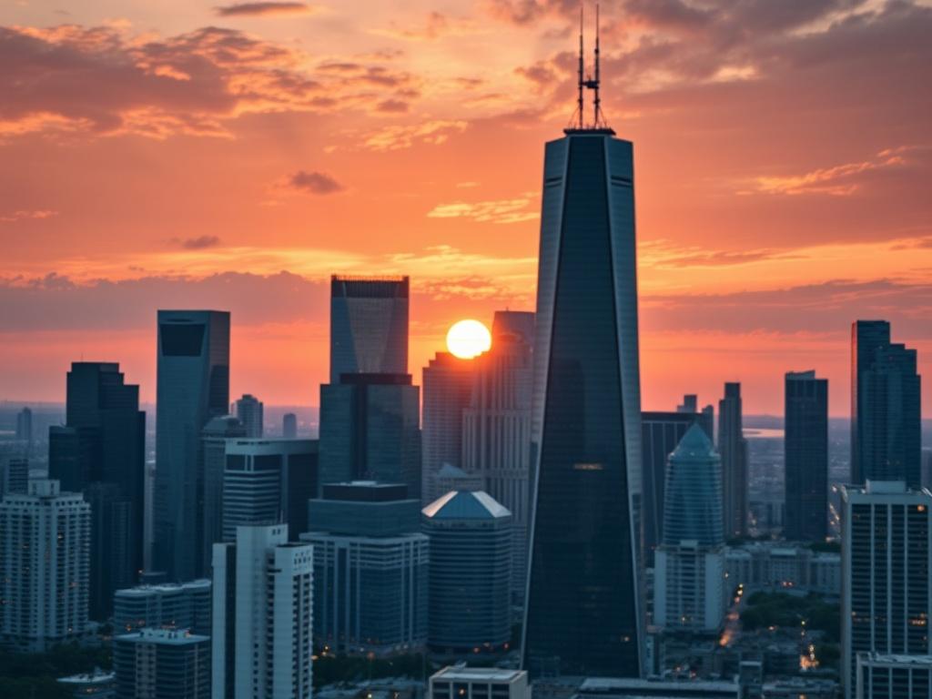 An image showcasing a modern city skyline at sunset, symbolizing growth and opportunity in real estate. The composition should focus on the skyscrapers and urban landscape, conveying a sense of dynamism and potential. The lighting should enhance the beauty of the scene, representing a bright future in real estate investments. The overall style should be hyper-realistic, aligned with the brand's color scheme.