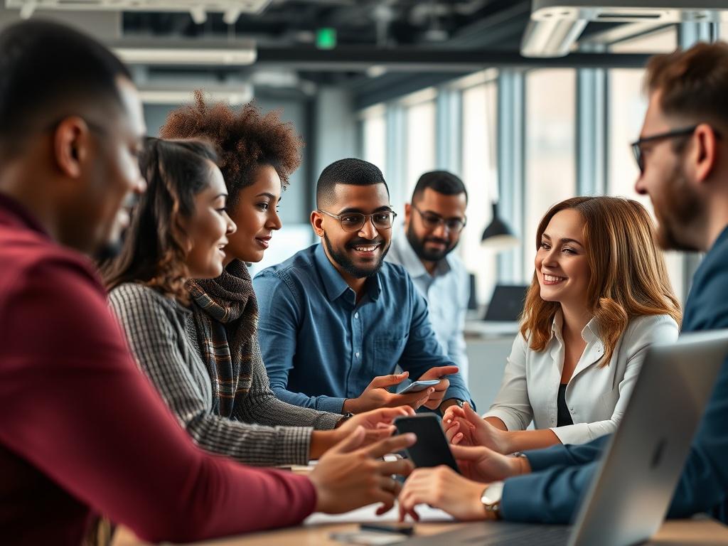 A close-up shot of a group of diverse professionals collaborating in an office setting, showcasing a modern workspace with high-tech gadgets. The atmosphere is vibrant and engaging, with a focus on teamwork and innovation. The composition should highlight the individuals interacting and discussing ideas, capturing the essence of a professional yet dynamic environment. Use a style that emphasizes clarity and realism, with a color palette that complements the brand colors.
