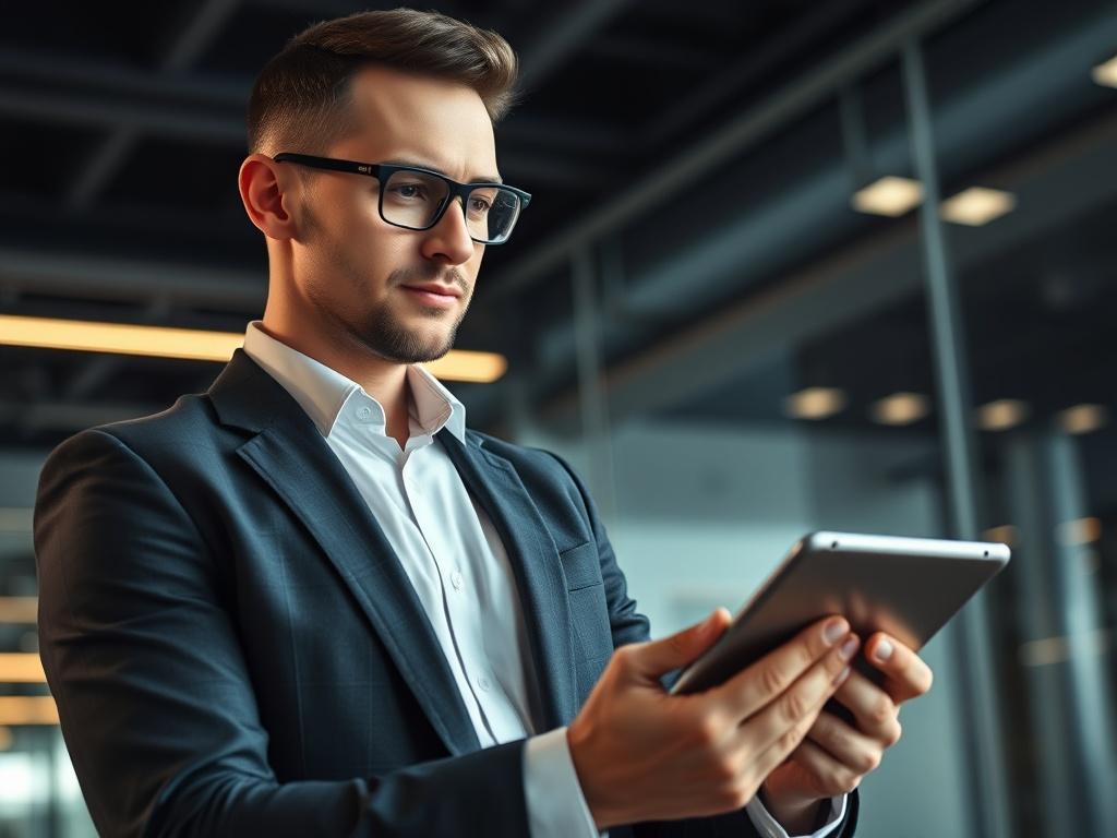 A hyper-realistic close-up shot of a confident business professional analyzing financial data on a digital tablet. The background features a sleek, modern office environment with subtle lighting. The subject wears formal attire, exuding professionalism and determination. The colors should harmonize with a dark theme accented by white and gold, embodying sophistication and innovation.